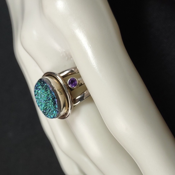Peacock Druzy Quartz w/Amethyst Sterling Silver Ring - Picture 3 of 12